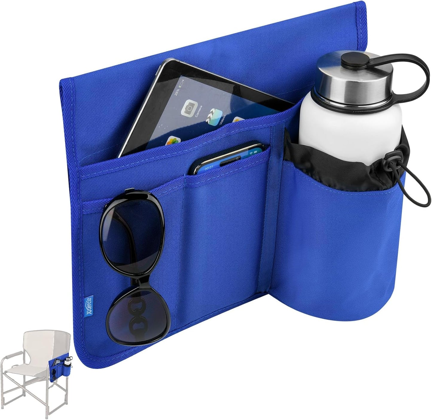 Xxerciz Beach Chair Cup Holder, Camping Chair Armrest Drink Organizer with Easily Attached Hook and Loop Strap, Universal Chair Accessory for Water Bottle, Sunglasses, Phone, Tablet, etc. (Blue)