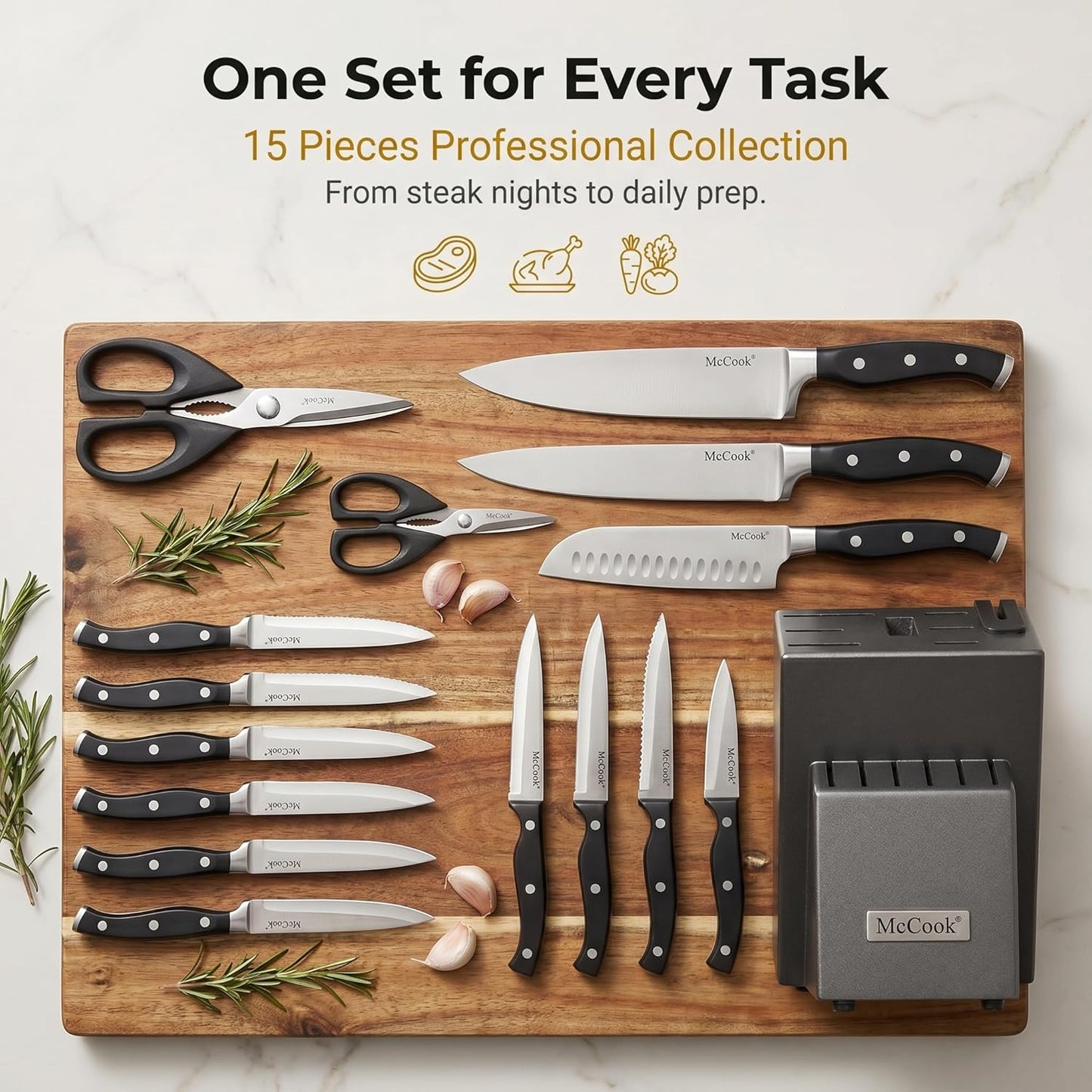 McCook® Knife Sets,German Stainless Steel Kitchen Knife Block Set with Built-in Sharpener
