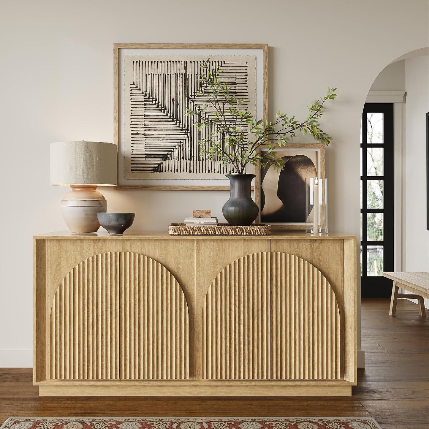 win2win 65" Sideboard Buffet Cabinet with Storage, Modular Credenza, Oak