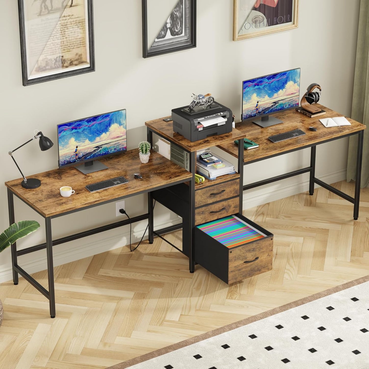 GYIIYUO 93'' Two Person Desk with Charging Station, Long Desk with 3 Drawers and Printer Shelf, Double Computer Desk, 2 Person Writing Study Table Workstation for Home Office, Rustic Brown