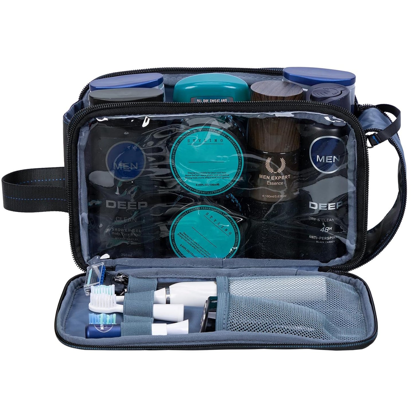 ZEEMO Travel Toiletry Bag for Men, Medium Water-Resistant Double-Sided Full-Open Dopp Kit, Versatile Organizer for Shower and Hygiene Accessories, Bathroom Essentials, Cosmetics, Black and Blue