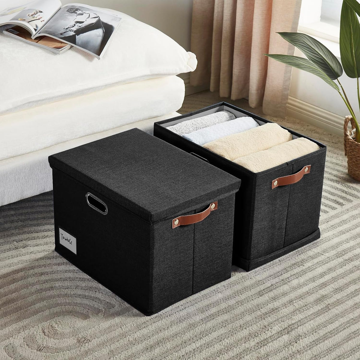 Roobyl 17" Large Fabric Storage Box with Lids, 3-Pack, Black