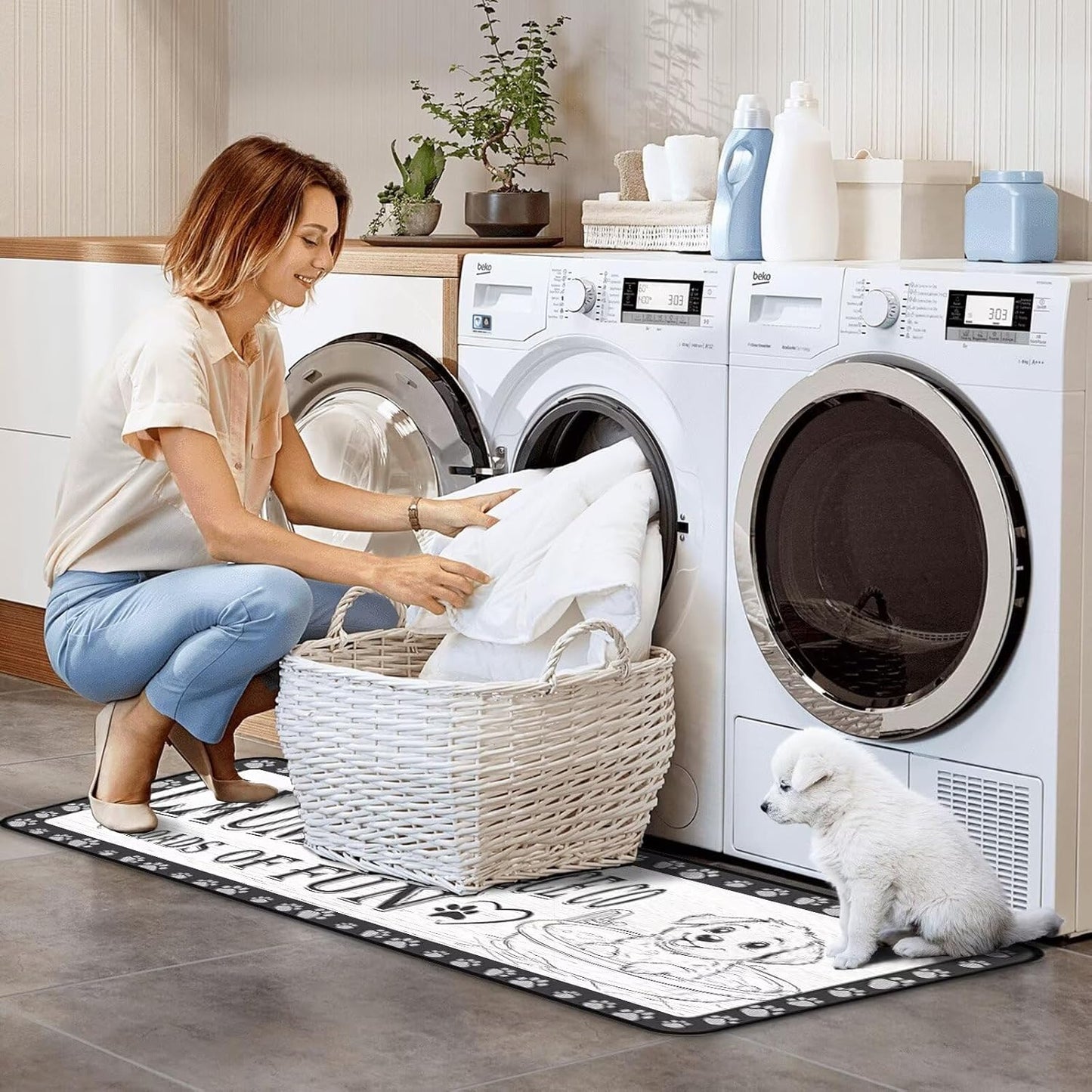 Dog Paw Laundry Room Rug Runner 20"x47" Gray, Non Slip Rubber Backing, Machine Washable Floor Mat for Laundry, Bathroom, Entryway, Mudroom