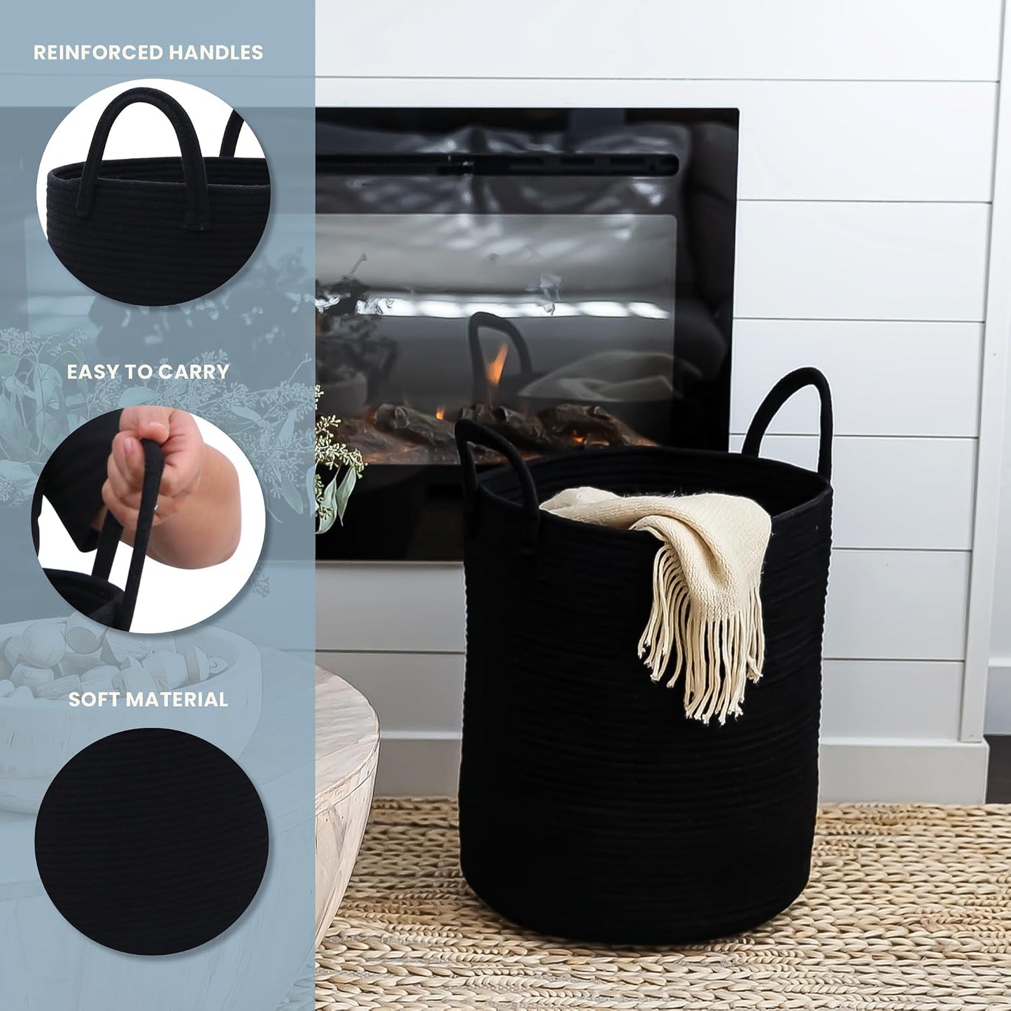 OrganiHaus Tall Cotton Rope Laundry Basket & Hamper, Blanket Storage 52L | Full Black - Tall Cotton Rope Hamper, 52L