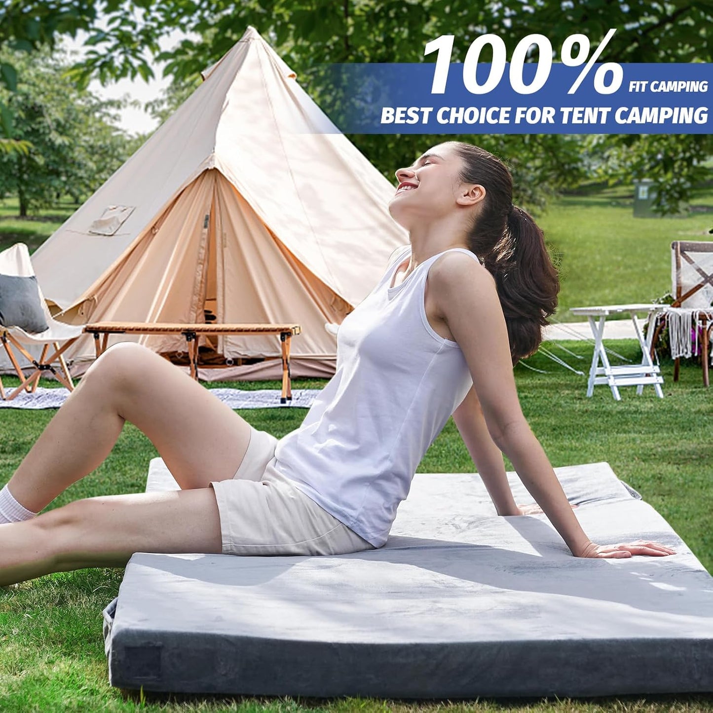 CYMULA Memory Foam Camping Mattress Pad, CertiPUR-US Sleeping Mat, Portable Roll Up Mattress for Adults, Camping Bed Pads for Sleepover, Car Bed with Travel Bag