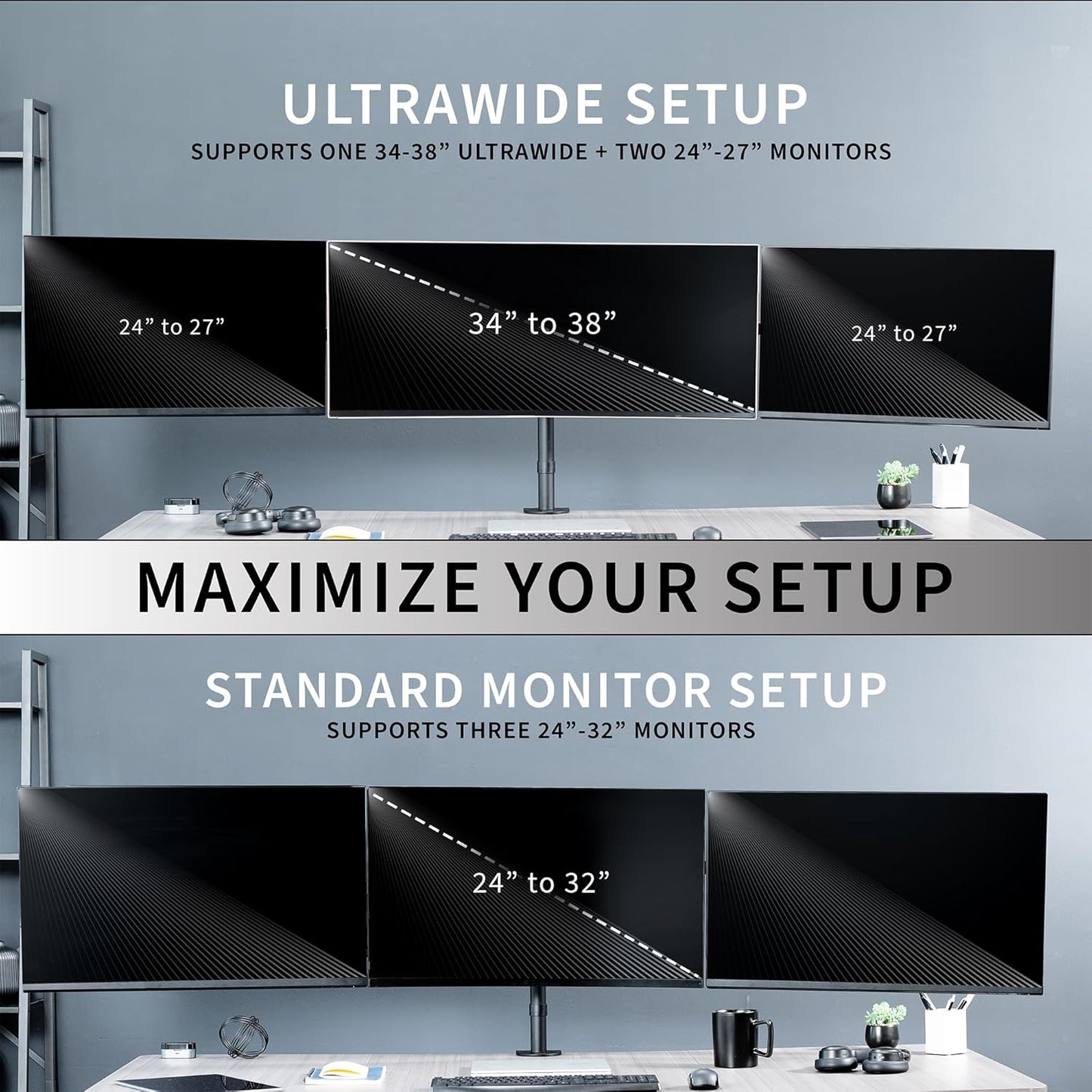 VIVO Premium Triple Monitor Desk Mount for 3 Screens up to 22 lbs, Fits up to 38 inch Ultrawides on Center Bracket, Adjustable Telescoping Arms, Flush Wall Setup, Black, STAND-TS03C