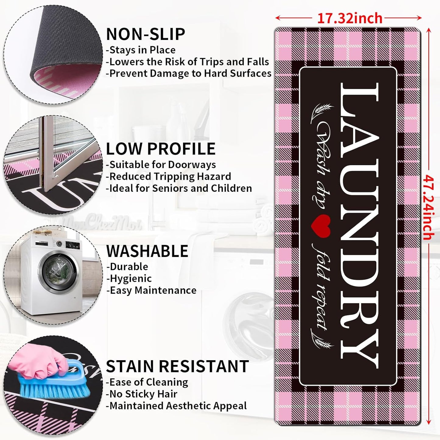 XLHOMO Laundry Room Rugs and Mats, 17"x47" Buffalo Plaid Pink Laundry Room Rug Runner Washable Non Slip, Farmhouse Laundry Mats for Floor, Mudroom, Kitchen, Washroom, Bathroom, Entryway Carpet Decor