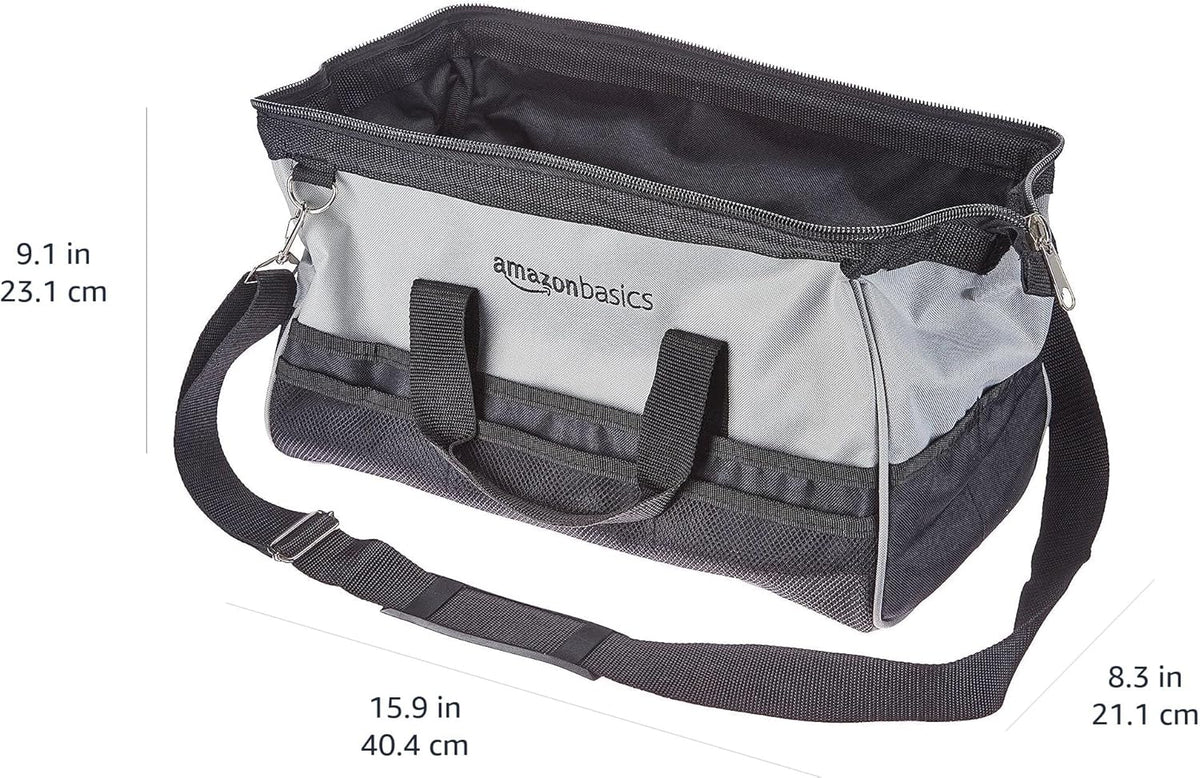 Amazon Basics Durable Wear-Resistant Tool Storage Bag with Adjustable Shoulder Strap, Portable Tool Organizer, 16 in, Black & Grey