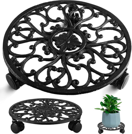 11 Inch Rolling Plant Stand with Wheels Wrought Iron Rolling Plant Stand with Casters Heavy Duty for Indoor Plants Rollers Base Metal Round Plant Dolly withWheels 1 Pack