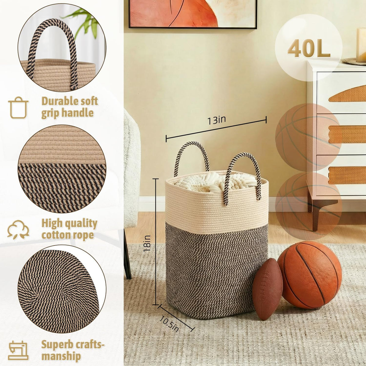 Artfeel Laundry Basket,Woven Cotton Rope Laundry Hamper,80L Versatile Storage for Dirty Clothes,Baby Toys,and Blankets in Bathroom, Nursery,and Living Room