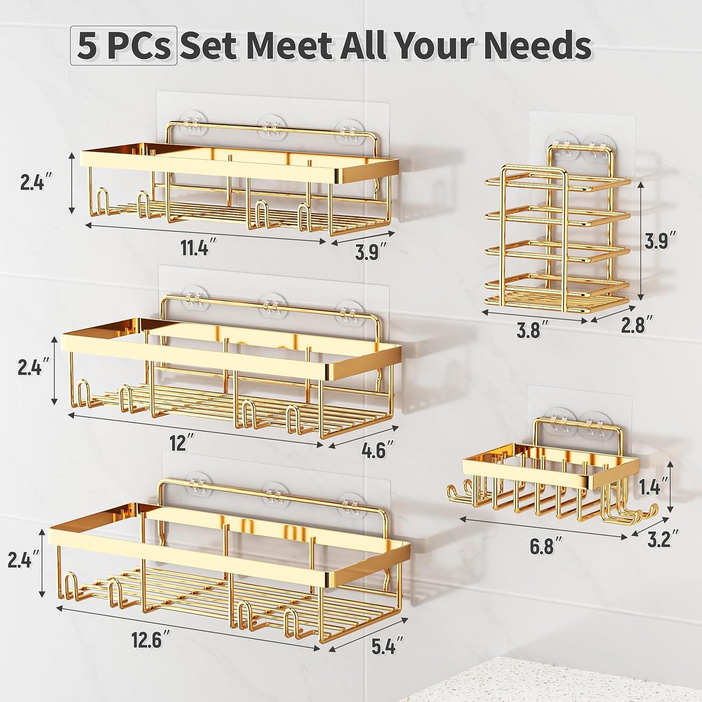 Liuoud 5 Pack Shower Caddy Organizer Rack Shelf for Inside Shower, Self Adhesive Wall Storage Basket Rustproof Stainless Steel Shampoo Holder Bathroom Accessory Decor Set, Gold