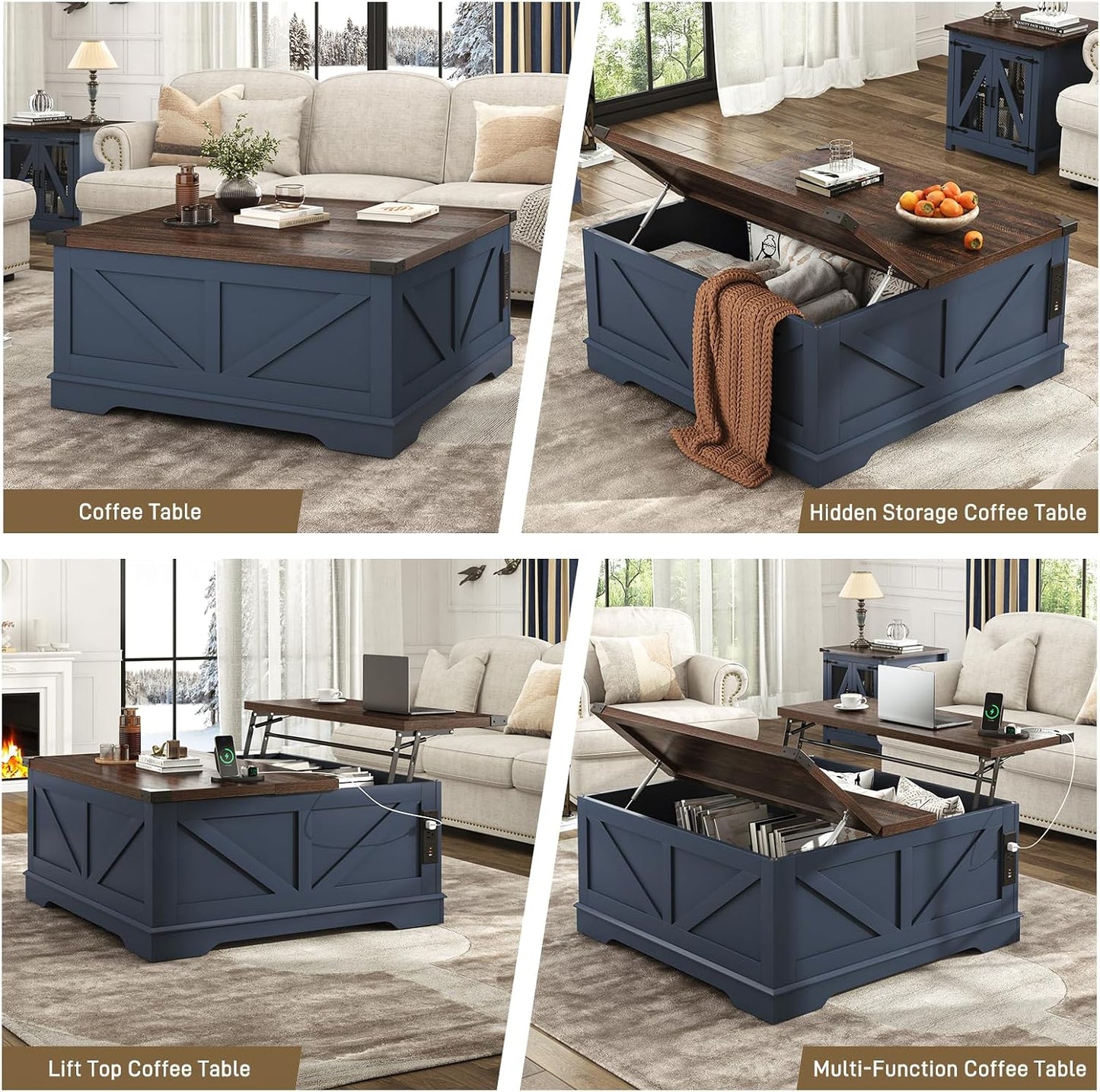 Hlivelood 40” Large Farmhouse Lift Top Coffee Table with Power Outlets and Large Hidden Storage, Square Wood Living Room Tables, Multi-Function Lift Wooden Barn Door Center Table, Blue
