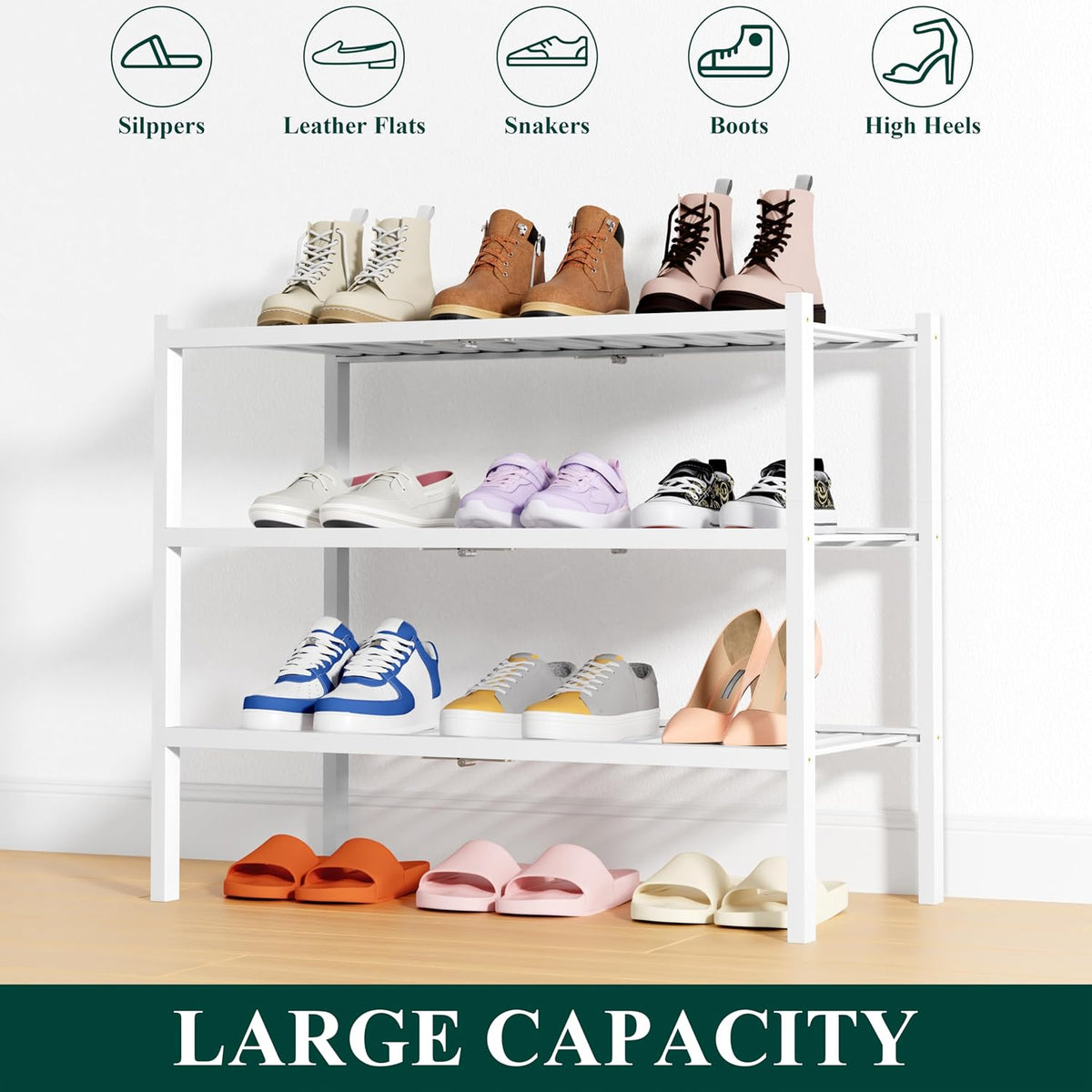 Smiry Bamboo Shoe Rack, 14 Vertical Slats, 3 Tier - 26.8" Wide, White