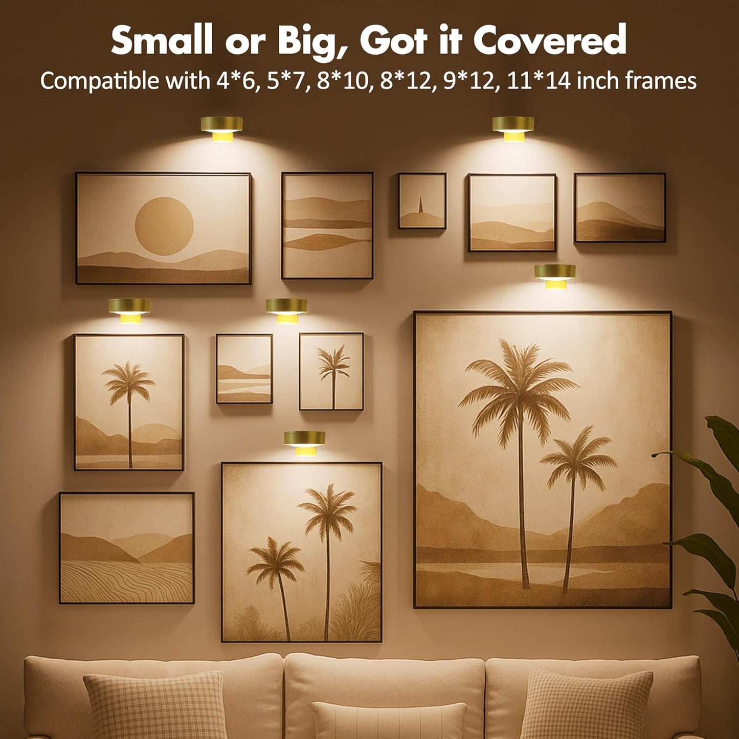 3Pcs Battery Operated Picture Light, Magnetic Led Painting Light with Remote Dimmable and Timer, 3 Lighting Modes Art Display Light for Picture Frame Paintings, Wireless Wall Decor Puck Lights, Gold