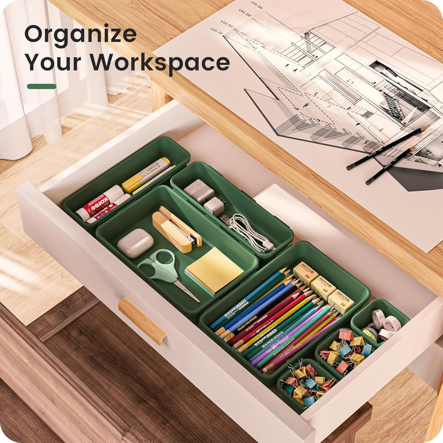 A-LuGei 【𝟰𝟲𝗣𝗖𝗦 & 5 Size Tool Box Organizer Tray Divider Set,【Army Green】 Desk Drawer Organizer,Garage Organization and Storage Toolbox Accessories Rolling Tool Chest Cart WorkBench Small Part
