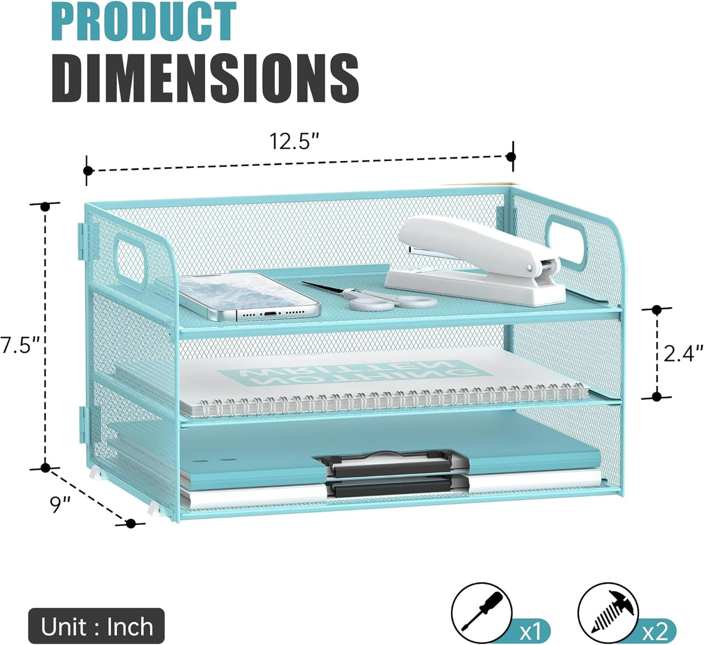 DALTACK 3 Tier Paper Organizer with Handle, Mesh Metal Desk Organizer with Sliding Paper Trays for Letter/A4 Paper, Mail, Bills & Folders, Blue