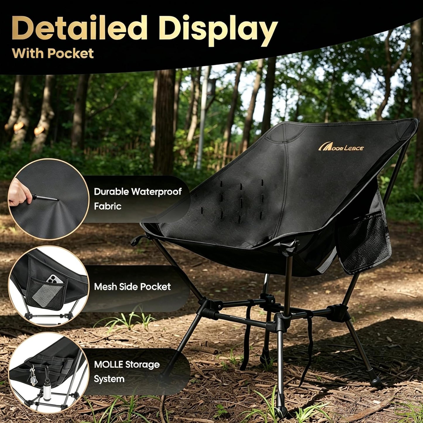 MOON LENCE Portable Camping Chair Plus, Larger & Roomier, Compact and Lightweight Still, Folding Chair for Backpacking & Hiking, 330Lbs Capacity (Black)