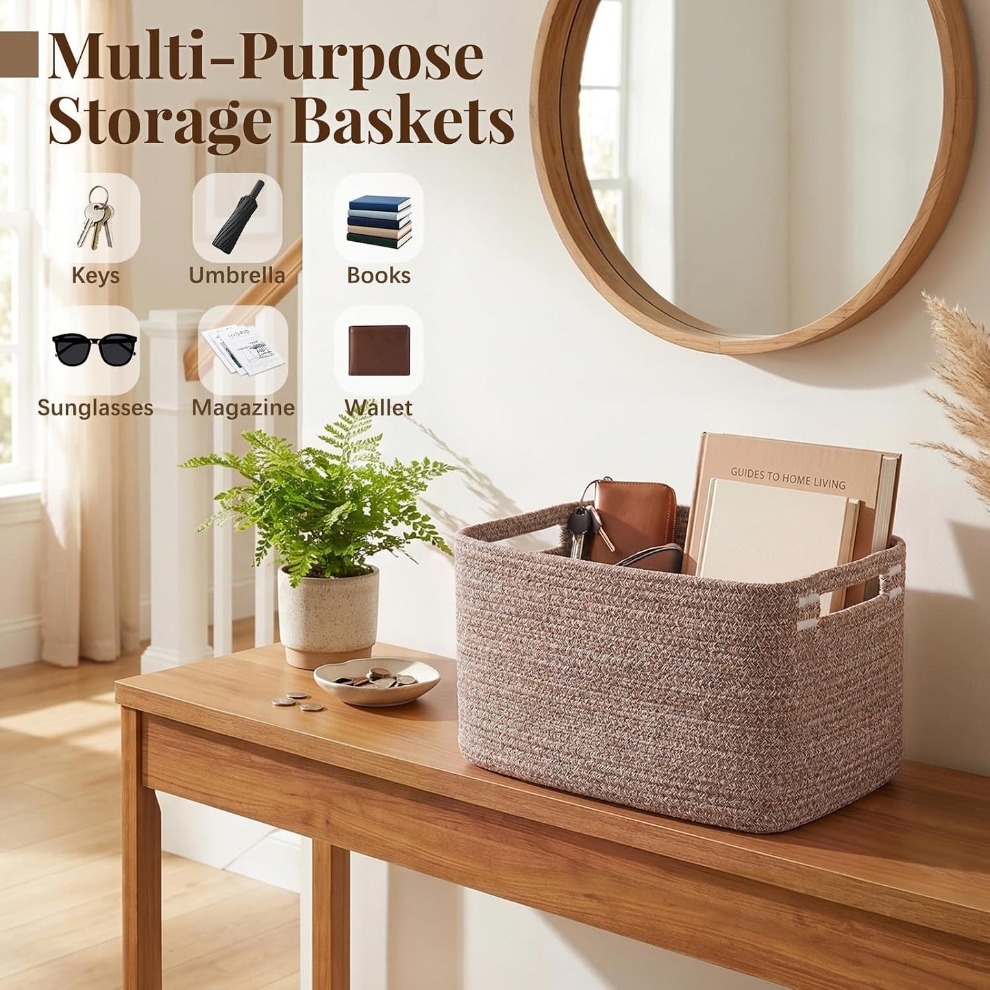 OIASKET 4Packs Natural Cotton Rope Storage Baskets for Organizing Toys, Clothes, Towels & Books, Soft Versatile Organizers for Shelves, Home Decorative Bins, 13''Lx9''Wx7.8''H, Linen Brown