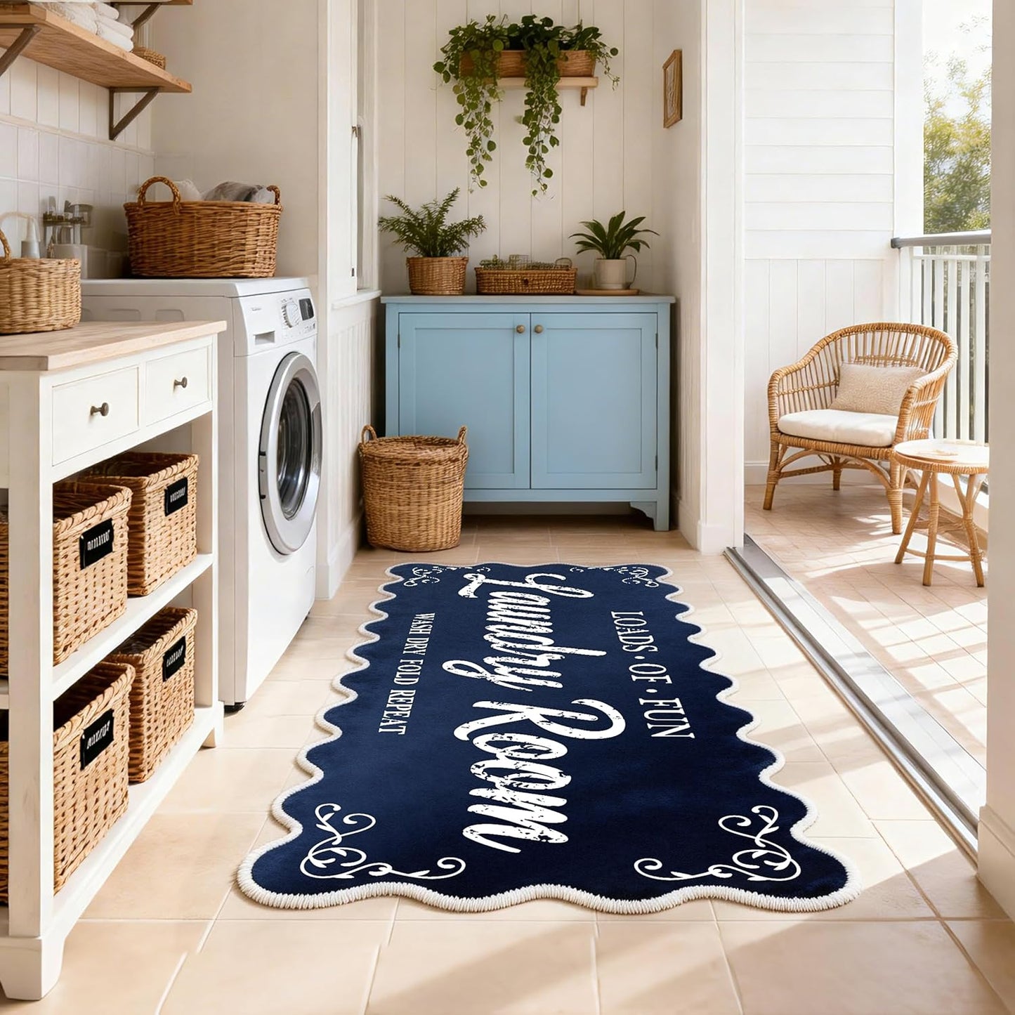 Laundry Runner Rug 20″x47″, Dark Blue Scalloped Non-Slip Washable Laundry Mat with TPE Backing – Soft Cushioned for Laundry Room Organization & Farmhouse Decor, Ideal for Kitchen, Mudroom & Bathroom