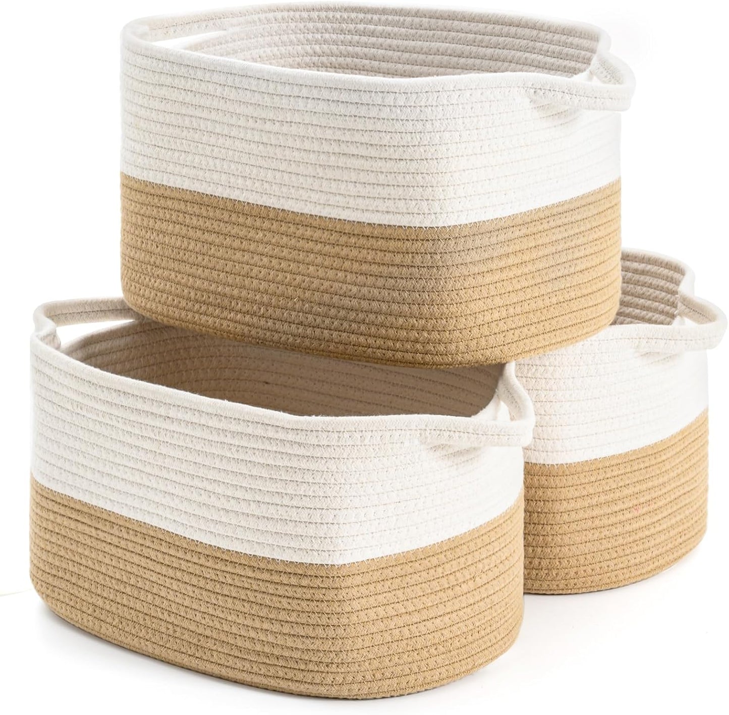 DUHEL Cotton Rope Woven Storage Basket(White&Grey-3PCS) | Used for Baby Hamper Toy Organizer, Gift Baskets Empty,Kids,Baby,nursery. Size 15x10x8.7 Inches.
