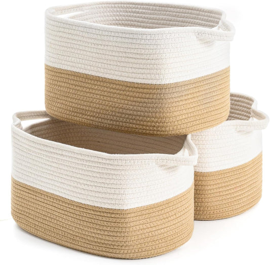 DUHEL Cotton Rope Woven Storage Basket (White&Khaki-3PCS) | Used for Baby Hamper Toy Organizer, Gift Baskets Empty,Kids,Baby,nursery. Size 15x10x8.7 Inches.
