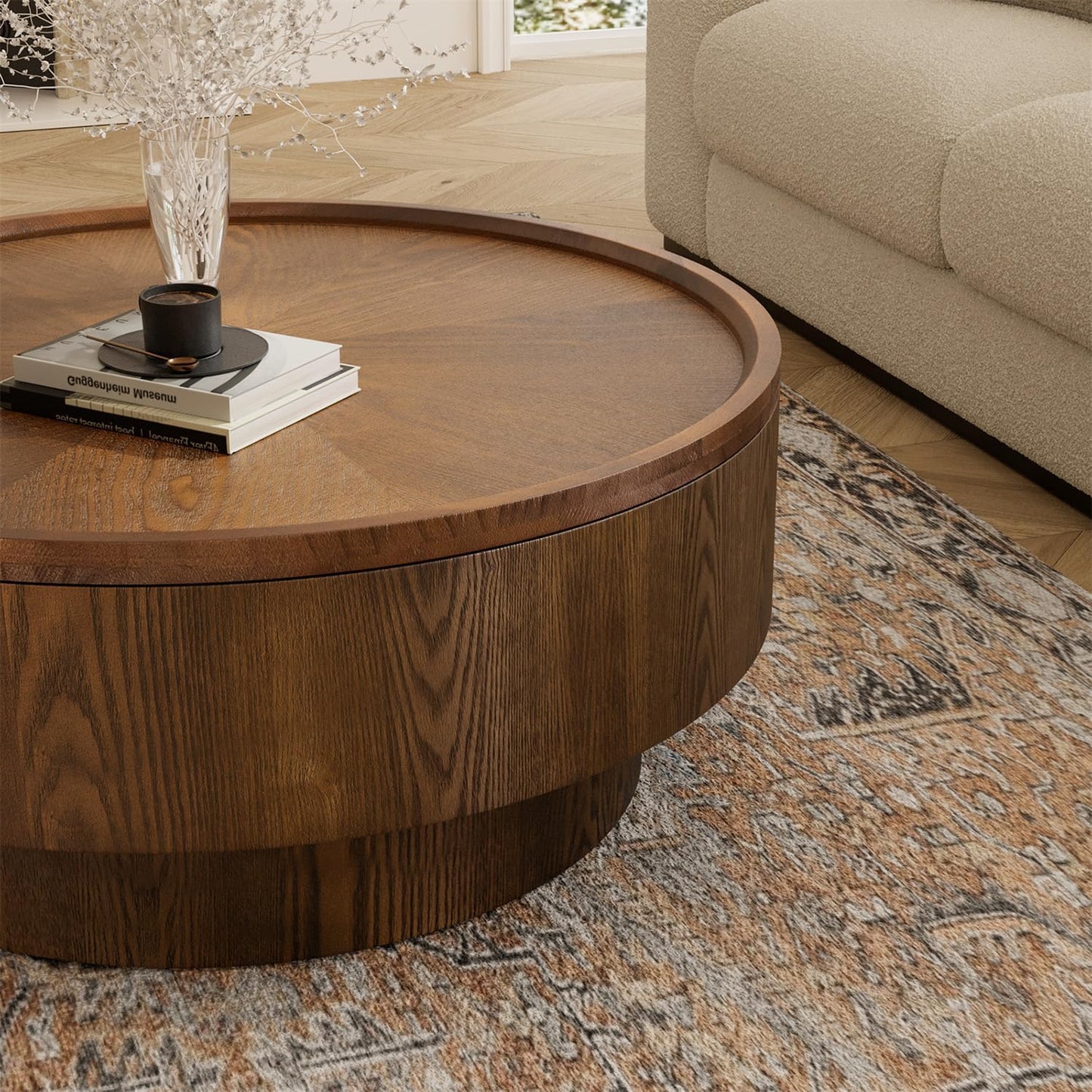 JHKZUDG 30.7" Small Round Coffee Table with Storage for Small Space | Wood Drum Coffee Table Mid Century Modern Circle Center Table Accent Tables for Living Room Apartment Easy Assembly