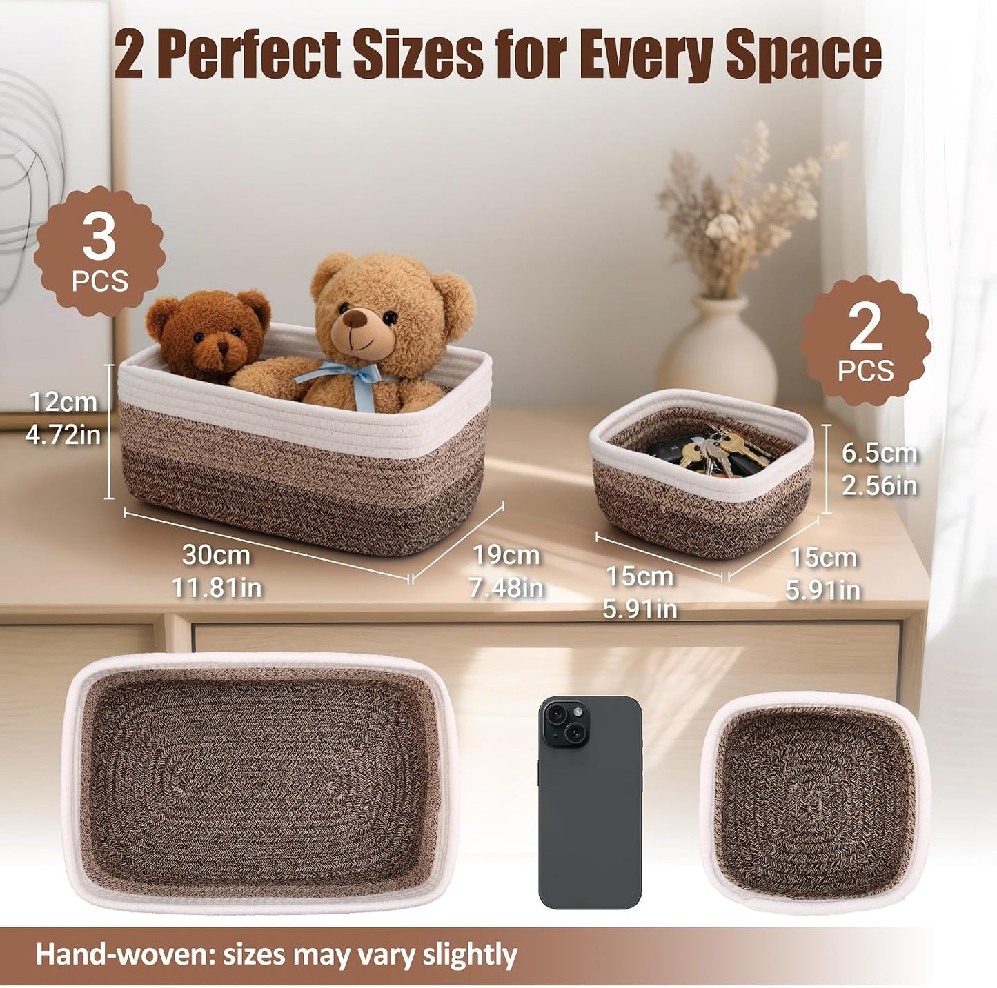 5-Pack Small Woven Rope Storage Baskets, 2 Sizes Organizer Bins | Fabric Cube Boxes and Rectangular Shallow Bins for Closet, Shelf, Bookshelf, Nursery, Changing Table, Bathroom, Toys & Home