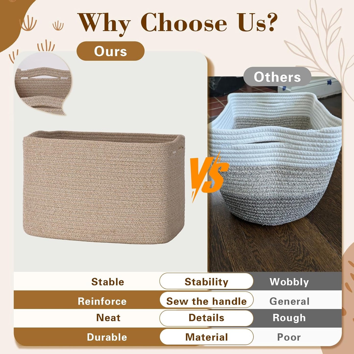 Baskets for Organizing,Storage Baskets,3 Pack Baskets for Shelfves,15"×10"×9" Woven Brown Basket,toy storage bins,bins for organization