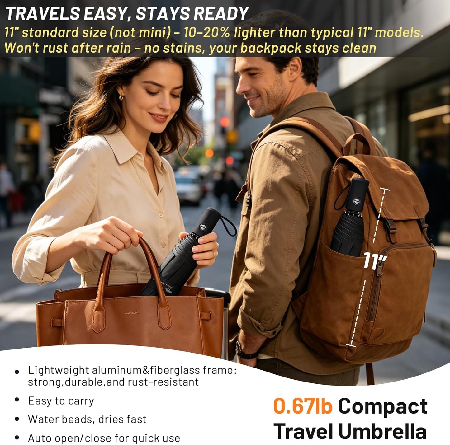 SY COMPACT Travel Umbrella - Windproof Automatic Compact Umbrella for Rain, Lightest 8-Rib, Small, Strong & Portable, Durable Grip, Fits Backpack & Car, Factory Direct (UV Available)