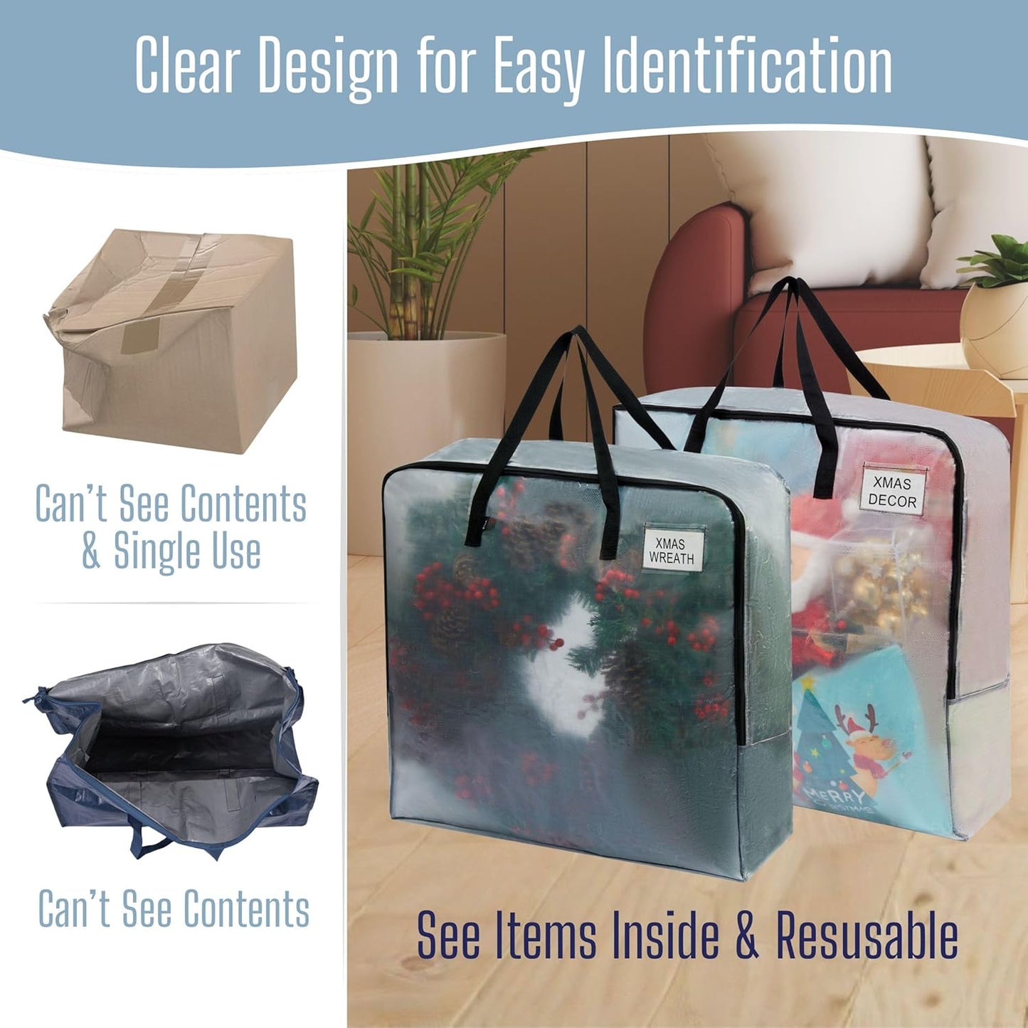 VENO 5 Pack Clear Moving Bags, Fits 30" Wreath & Storage Totes, Heavy Duty Packing Bags with Handles for Clothes & Bedding