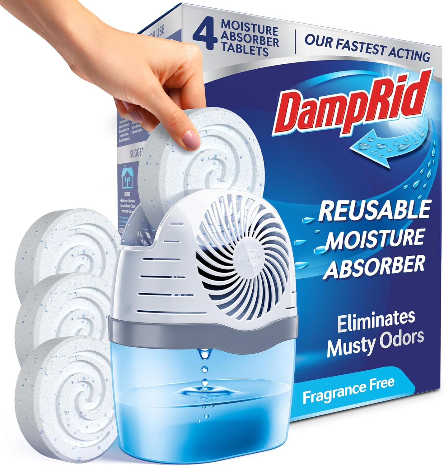 DampRid Reusable Moisture Absorber with 4 Drop-In Tablets, Fragrance Free, 15.8 oz., Attract and Trap Excess Moisture & Eliminate Musty Odors for Cleaner, Fresher Air