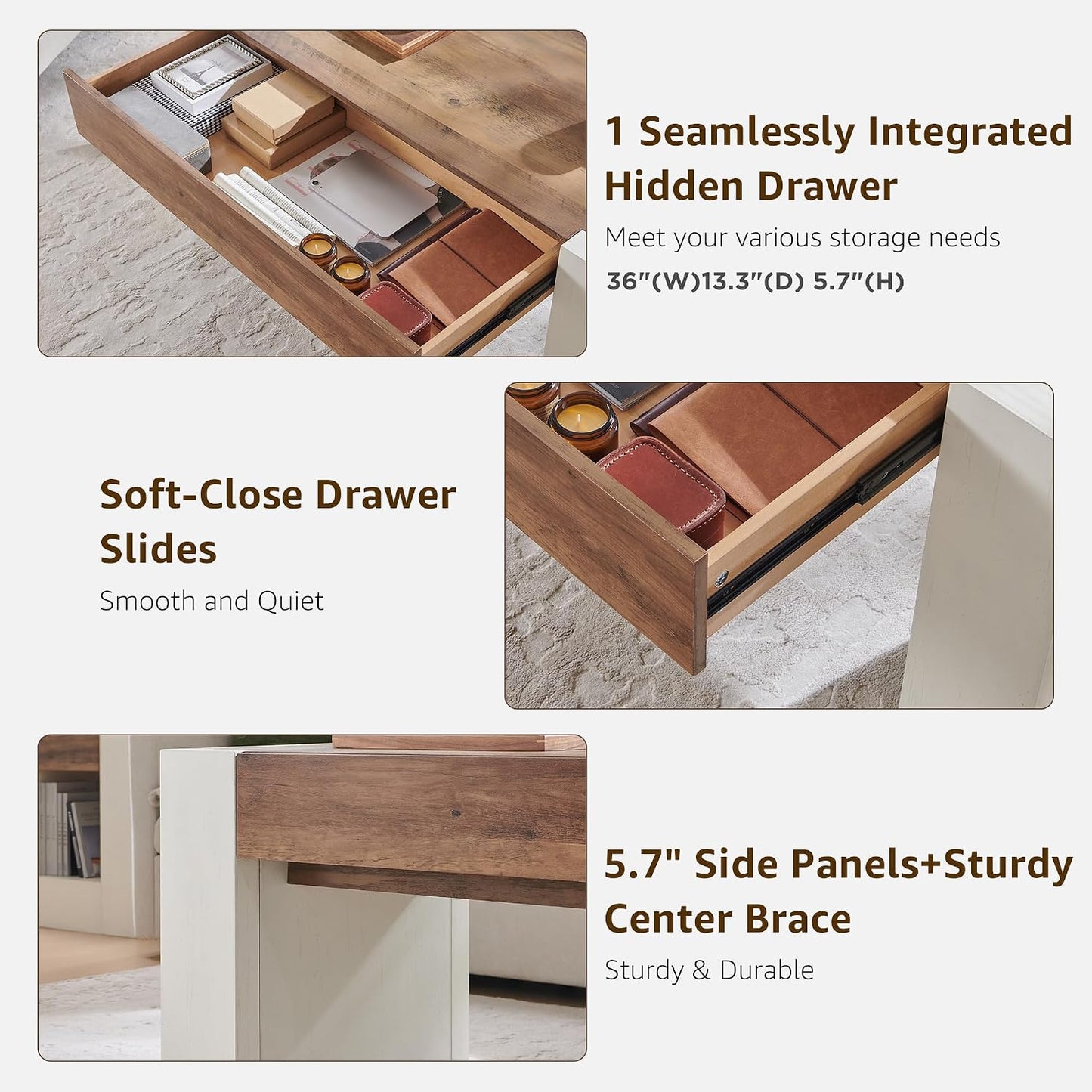 OKD 48" Modern Coffee Table with Hidden Storage Drawer,Antique White | Wood Thick Design, Rustic Rectangular Center Tables for Living Room, Office