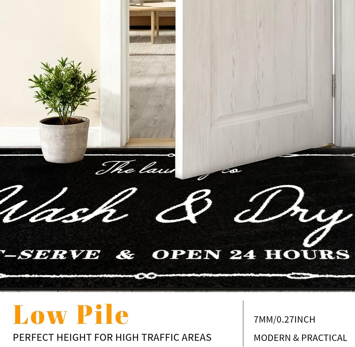 Washable Laundry Room Rug, 20"X47" Non Slip Laundry Mat Runner Soft Low-Pile Laundry Room Organization Farmhouse Decor Area Rug for Entryway Hallway Kitchen Bathroom Black