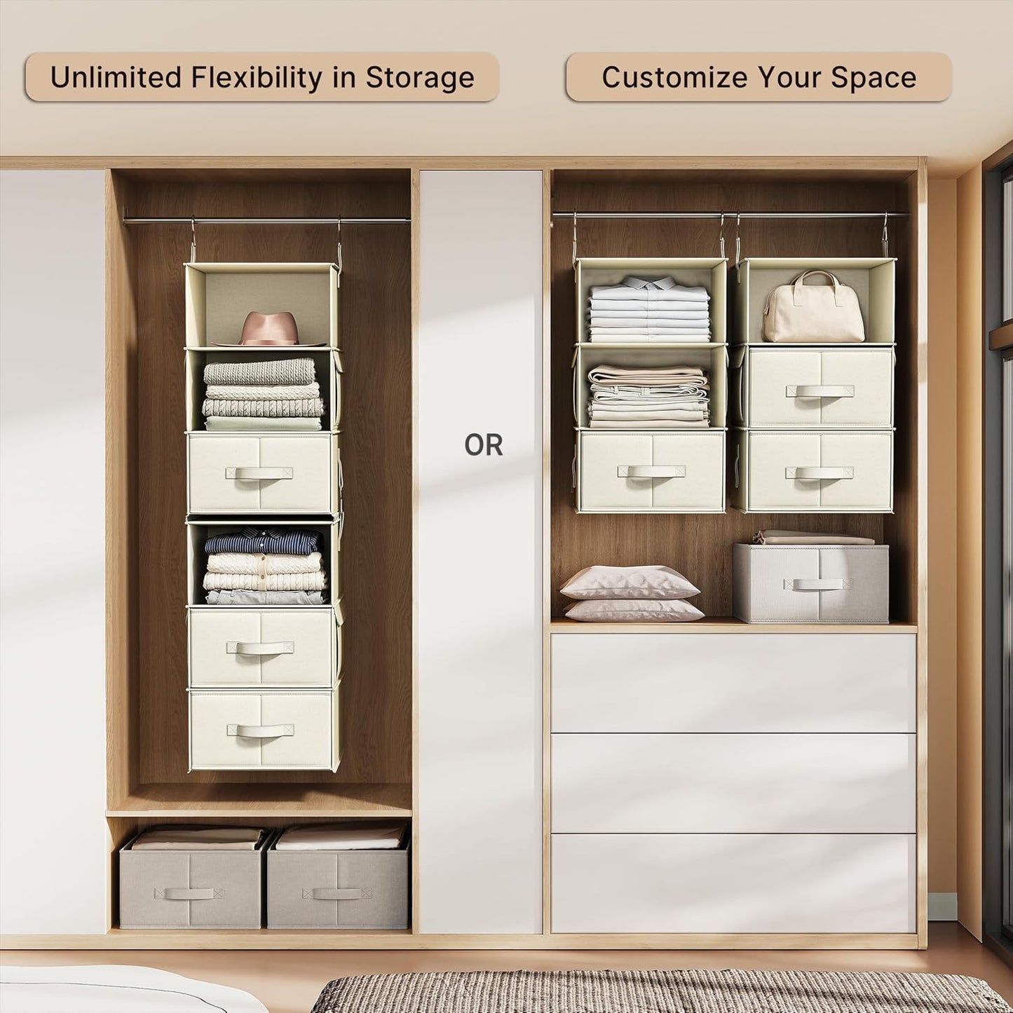 Vailando 6-Shelf Hanging Closet Organizer with 3 Drawers, 2 Separable 3-Shelf Closet Organizers and Storage for Wardrobe Organization, Hanging Dresser for Nursury & Dorm Clothes Organizer, Beige