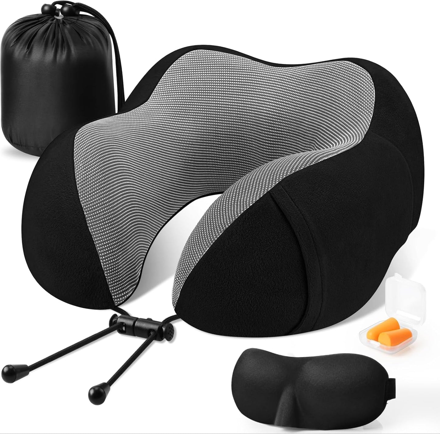 CloudBliss Travel Pillow for Airplane, Memory Foam Neck Pillow for Travel, Compact Flight Pillow with Eye Mask, Earplugs, Carry Bag, Travel Neck Pillow for Long Flight Sleep, Plane Accessories, Black