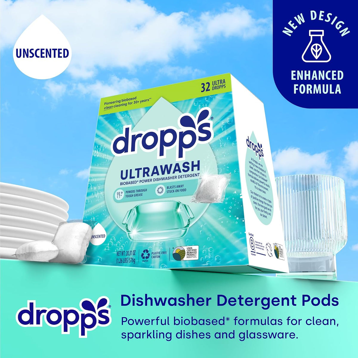 Dropps UltraWash Dishwasher Detergent Pods, Unscented (32 Ct) - Free & Clear | Cuts Grease & Stuck-On Food | Sparkling Dishes & Glasses | Residue-Free | Clean Ingredients | Plastic Free Packaging