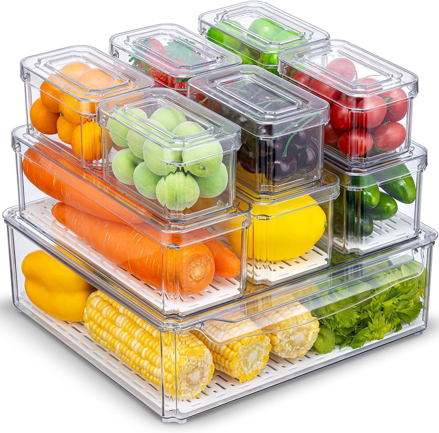 KUMD 10-Pack Clear Fridge Organizer Bins with Lids, Stackable Refrigerator Storage Containers, BPA-Free with Drain Tray & Anti-Slip Base for Fruits, Veggies, Drinks