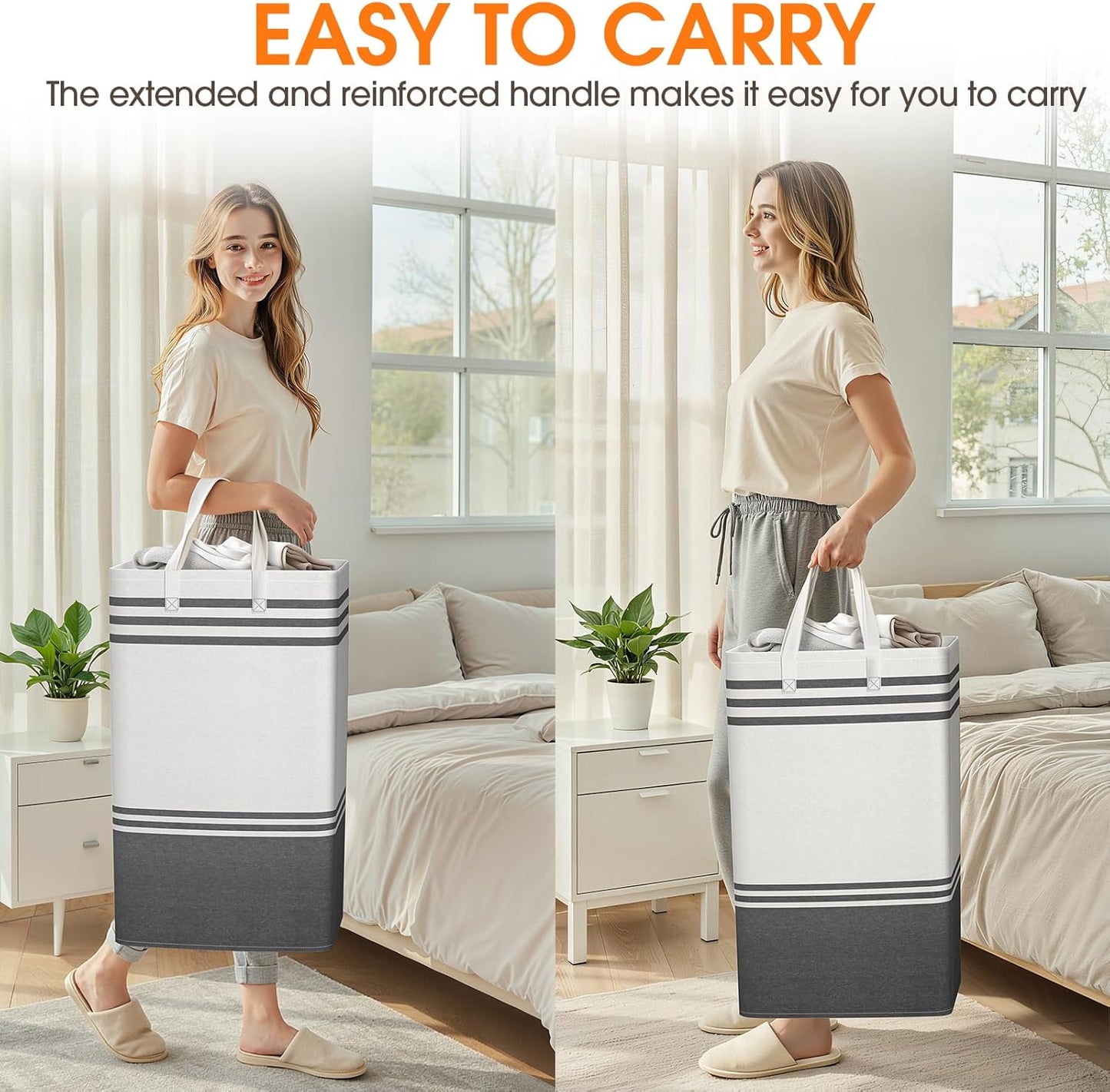 2 Pack Large Home Laundry Basket, Laundry Hamper, Freestanding Waterproof Dirty Clothes Bag, Tall Clothes Hamper - Extended & Reinforced Handles for College Dorm, Family (Light Grey/88L)