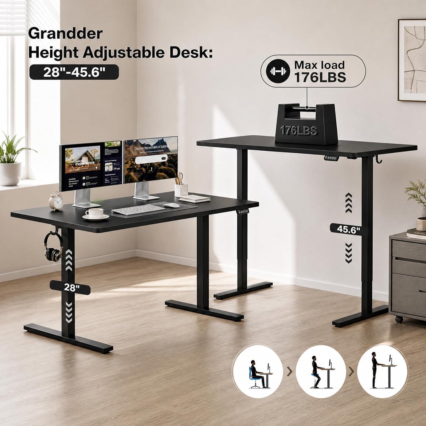 Grandder 55x32 Large Electric Standing Desk, Height Adjustable Computer Desk with 2 Memory Presets, 31.5" Deep Desktop Sit Stand Desk Home Office Desk Workstation Table with Hooks, Black