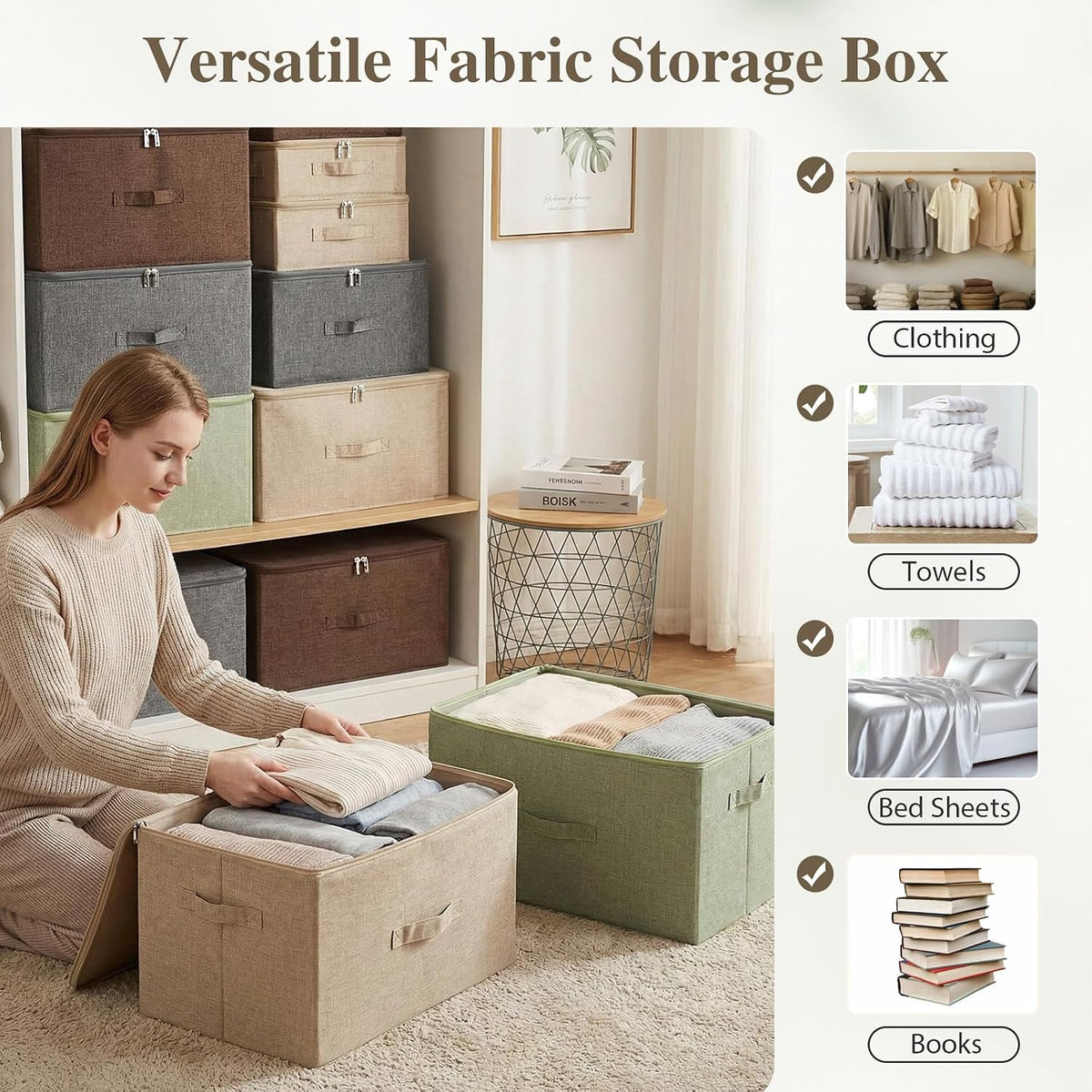 ANMINY Fabric Storage Bins with Zipper Lids, 20"x15"x12", Beige, 3 PCS