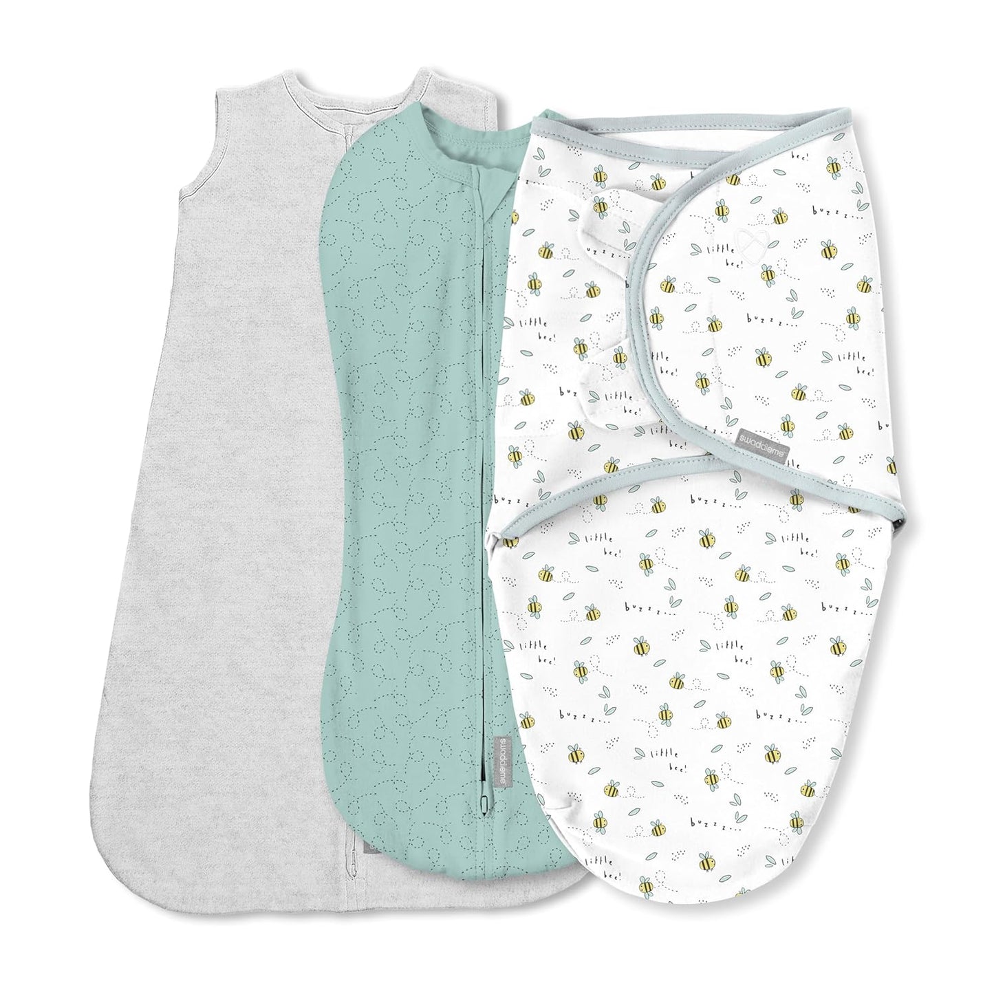 SwaddleMe by Ingenuity Comfort Pack Baby Swaddle Set, Size 0-3 Months, 5-14 Pounds, SwaddleMe Pod, Original Swaddle, Night Sack, 3pk - Little Bees