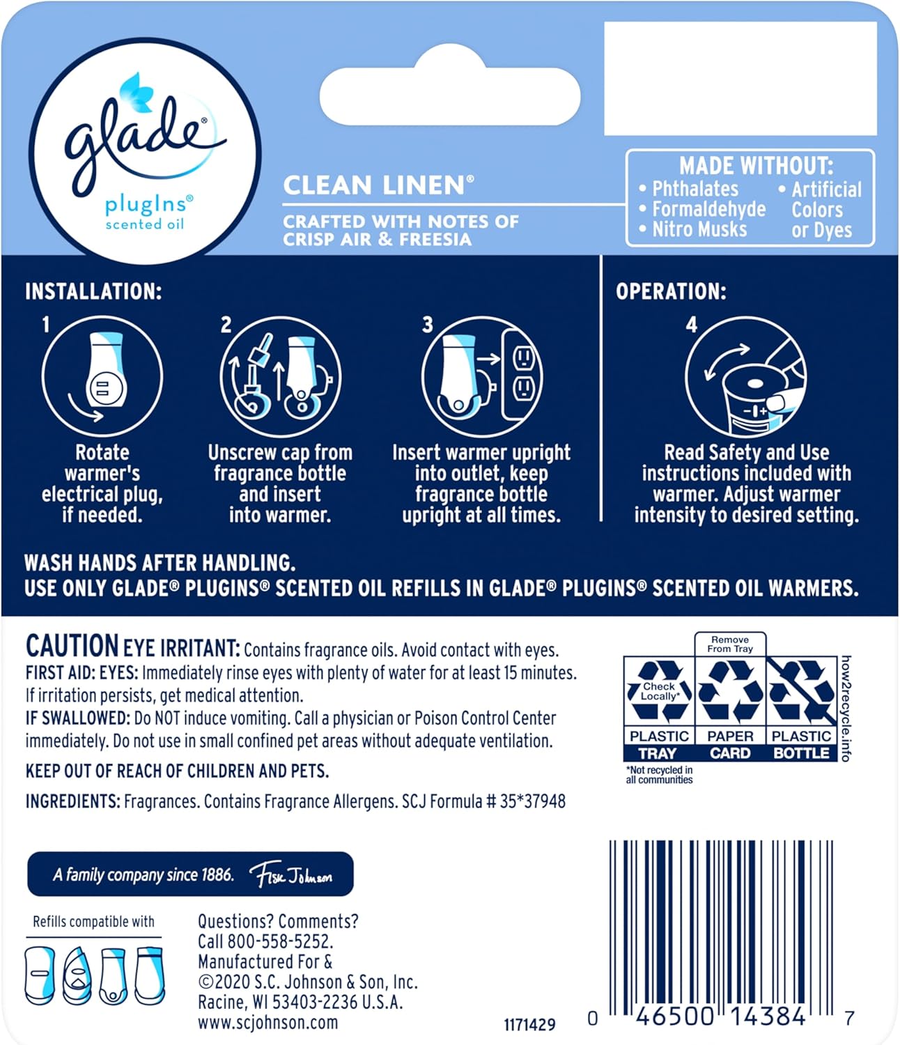 Glade PlugIns Air Freshener Starter Kit, Scented and Essential Oils for Home and Bathroom, Clean Linen, 4.02 Fl Oz, 2 Warmers and 6 Refills