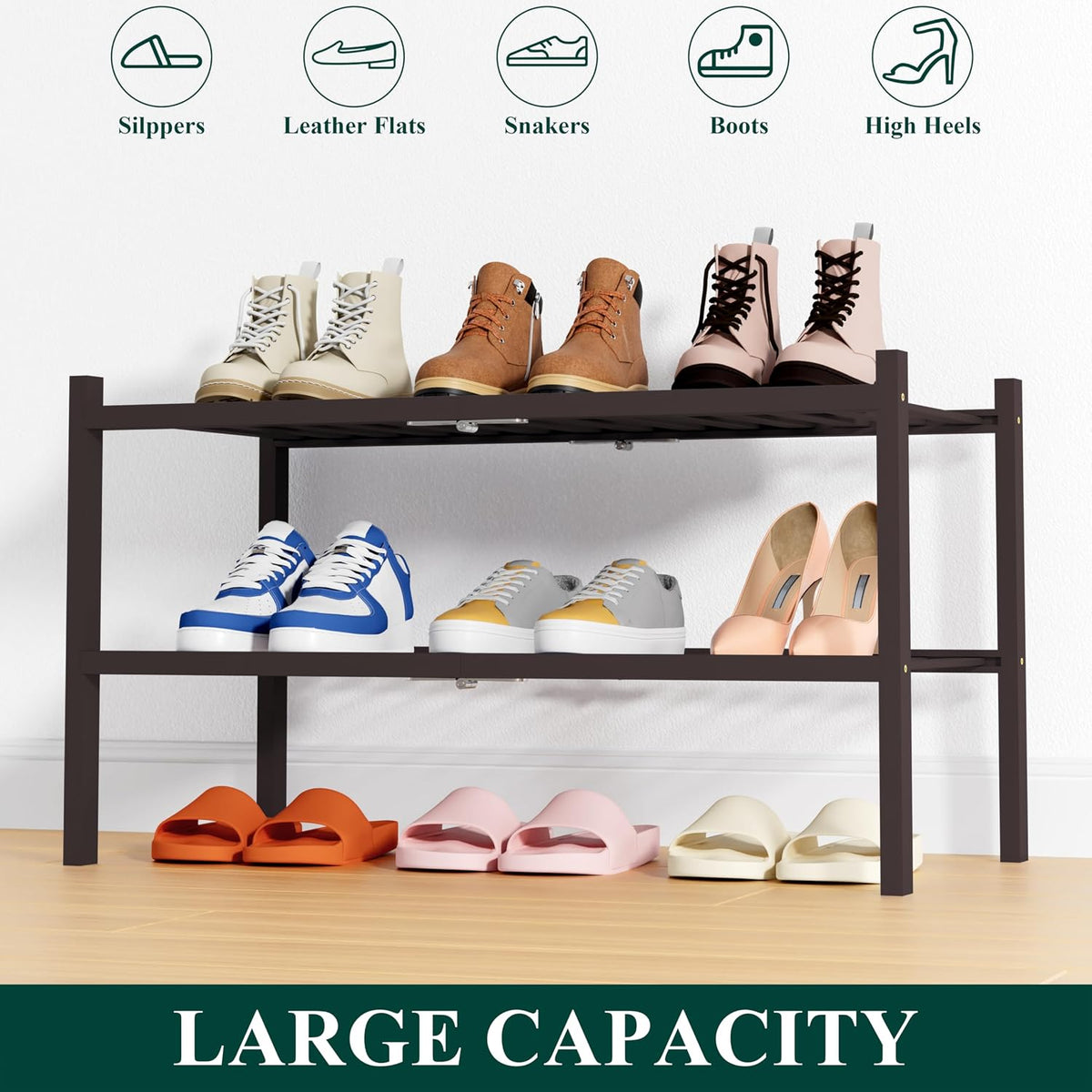 Smiry Bamboo Shoe Rack, 14 Vertical Slats, 2 Tier - 26.8" Wide, Brown