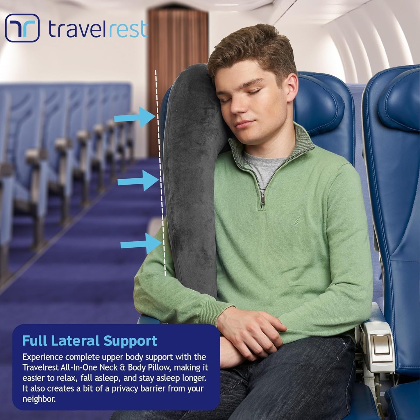 TRAVELREST All-in-One Travel Neck Support & Body Pillow - Airplane Pillow for Long Flight Comfort, Travel Essentials, Sleeping Accessories, Memory Foam, Headrest Support Seat for Car (Grey)