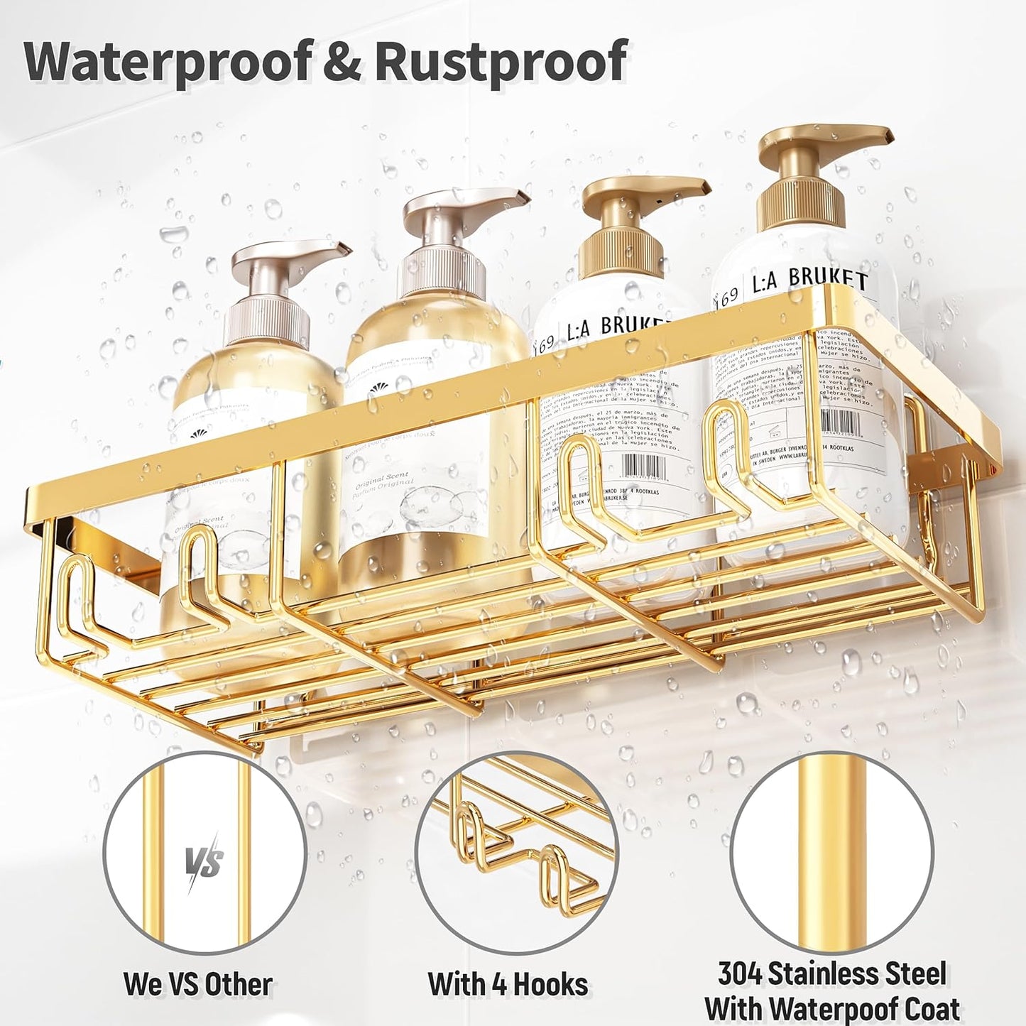 Liuoud 5 Pack Shower Caddy Organizer Rack Shelf for Inside Shower, Self Adhesive Wall Storage Basket Rustproof Stainless Steel Shampoo Holder Bathroom Accessory Decor Set, Gold
