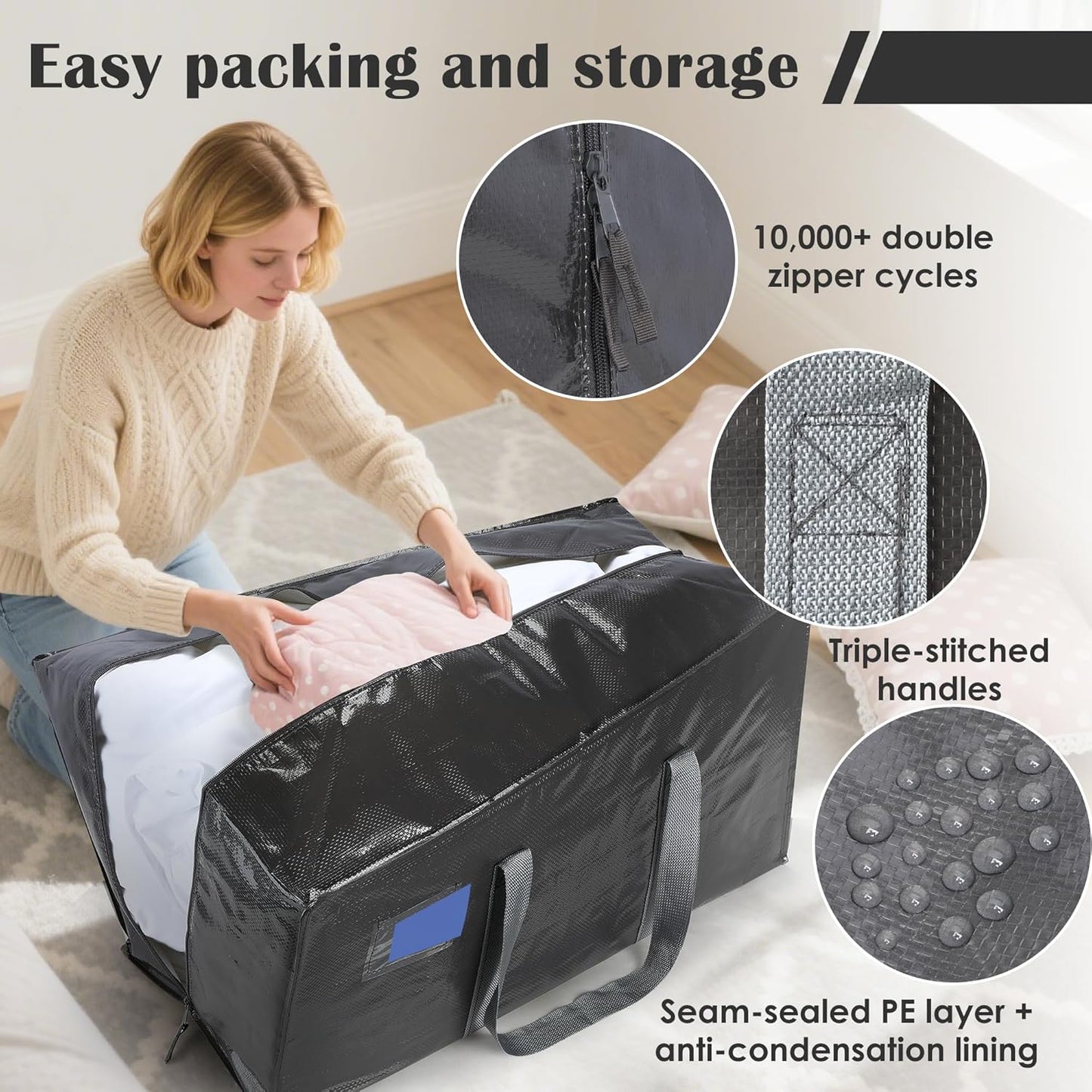 6 Pack Moving Bags with Full-Open Side Zipper, Extra Large 93L Heavy Duty Waterproof Foldable Storage Totes for College Dorm, Moving & Home Organization Gray