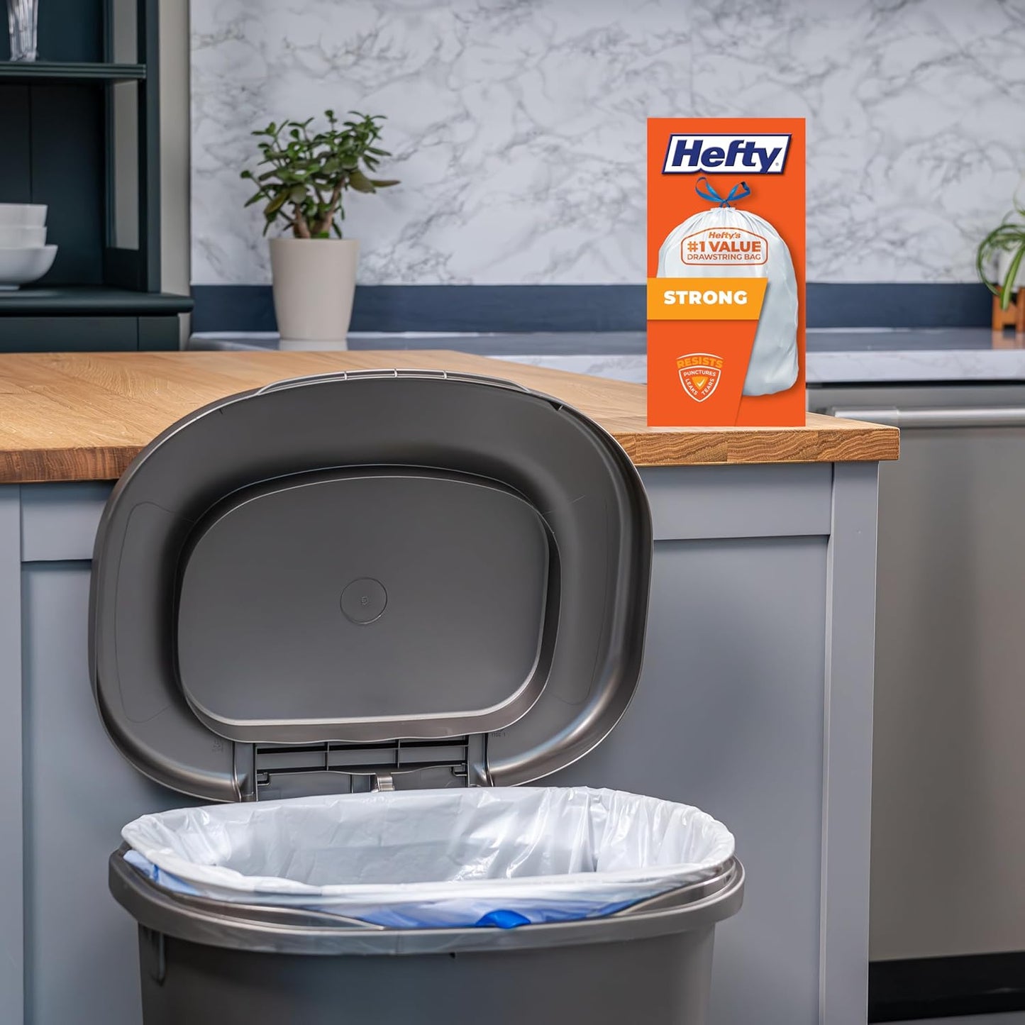 Hefty Strong 13 Gallon Trash Bags, Tall Kitchen, Drawstrings, Durable Closure, Resists Leaks, Punctures, Tears, White, Unscented, 90 Count