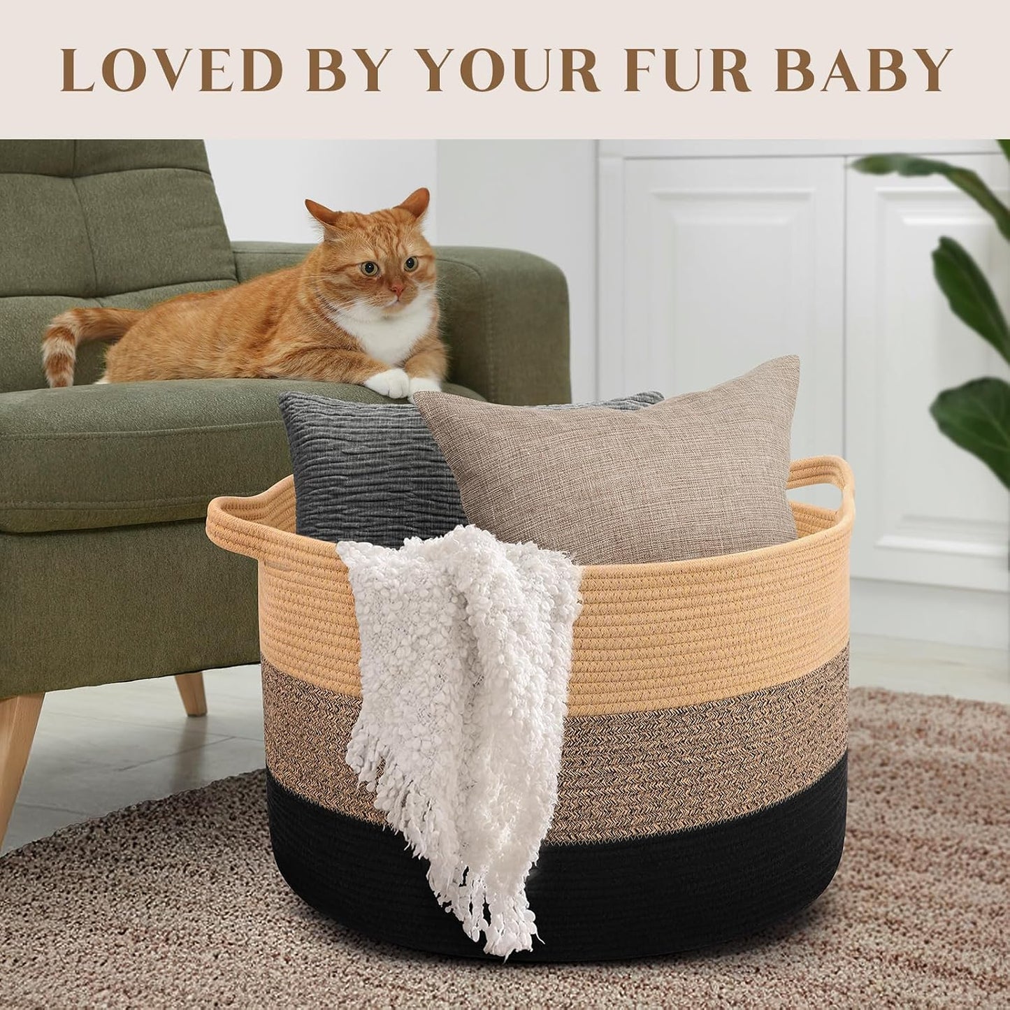 Maliton Woven Rope Blanket Basket Living Room, Storage Basket for Toy, 90L | 22"x14" Cotton Rope Basket. Holds Blankets, Toys & Towels & Laundry. For Bedroom, Nursery, Bath & Playroom. Soft & Durable