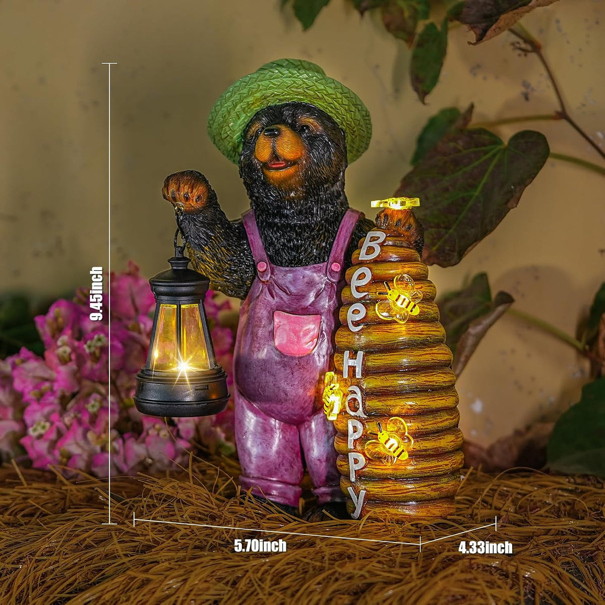 Joint Honglin Honey Bear Garden Statue with Lighted Beehive & Lantern