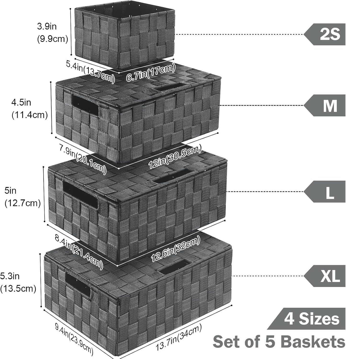 Storage Baskets with Lids: 5 Pack Stackable Woven Storage Bins, Grey